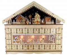 Calendriers musicaux de l'Avent avec ou sans automates Boîte à musique / calendrier de l'Avent musical en bois en forme de chalet avec lumières et scène de marché de Noël