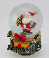 Boules à neige musicales de Noël disponibles sur commande (nous contacter) Boule à neige musicale animée de Noël avec globe en verre et Père Noël tenant un petit sapin et un cadeau