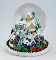 Boules à neige musicales de Noël disponibles sur commande (nous contacter) Boule à neige musicale de Noël avec globe en verre, village enneigé et train - Joy to the world