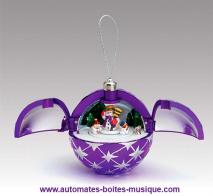 Boules musicales pour sapins de No&euml;l Boule musicale de No&euml;l Mr Christmas pour sapin de No&euml;l : boule musicale violette avec bonshommes de neige