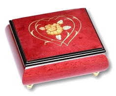 Bo&icirc;tes &agrave; bagues musicales teint&eacute;es Bo&icirc;te &agrave; bagues musicale de 18 lames : bo&icirc;te &agrave; bagues bordeaux marqueterie 2 coeurs