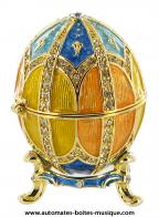 Oeufs non musicaux de style Faberg&eacute; en m&eacute;tal Oeuf non musical de style Faberg&eacute; en m&eacute;tal et strass : oeuf-&eacute;crin non musical orange et bleu