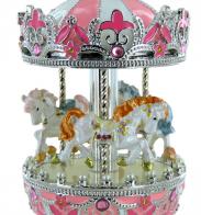 Oeufs musicaux en métal de style Fabergé Oeuf musical de style Fabergé en métal : oeuf musical rose et blanc avec chevaux de carrousel tournants