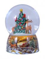 Boules à neige musicales de Noël disponibles sur commande (nous contacter) Boule à neige musicale de Noël en verre et porcelaine: boule à neige avec chevreuils et sapin décoré