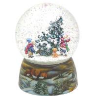 Boules à neige musicales Boule à neige musicale de Noël en verre et porcelaine: boule à neige avec enfants emportant un sapin