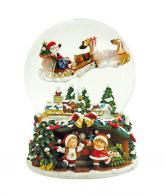 Boules à neige musicales de Noël (en stock) Boule à neige musicale de Noël avec globe en verre, socle en polystone et scène de Père Noël dans son traineau
