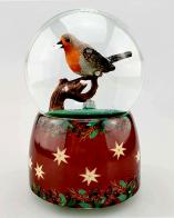 Boules à neige musicales de Noël disponibles sur commande (nous contacter) Boule à neige musicale de Noël avec globe en verre et rouge-gorge perché sur une branche