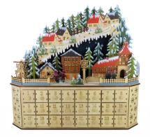 Boîtes à musique de Noël Calendrier musical de l'Avent en bois avec scène supérieure montagnarde avec sapins, maisons et église