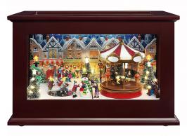 Automates musicaux de Noël (en stock) Automate musical de Noël Mr Christmas en forme de coffret vitrine en bois avec carrousel et scène de patinage