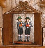 Instruments de musique mécanique anciens (Orgues et boîtes à musique anciens) Pendule de la Forêt Noire à 8 trompettes / 2 airs avec deux musiciens entièrement révisée