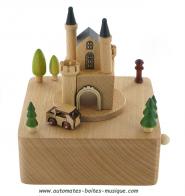 Boîtes à musique animées haut de gamme en bois Boîte à musique animée en bois avec voiture tournant autour d'un château - Laputa: le château dans le ciel