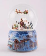 Boules à neige musicales de Noël disponibles sur commande (nous contacter) Boule à neige musicale de Noël avec globe en verre, neige et Père Noël dans son traineau volant