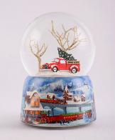 Boules à neige musicales de Noël disponibles sur commande (nous contacter) Boule à neige musicale de Noël avec globe en verre, neige et pick-up rouge avec sapin de Noël