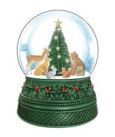 Boules à neige musicales de Noël disponibles sur commande (nous contacter) Boule à neige musicale de Noël avec globe en verre, neige et animaux regroupés autour d'un sapin de Noël