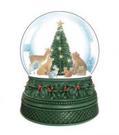 Boules à neige musicales de Noël disponibles sur commande (nous contacter) Boule à neige musicale de Noël avec globe en verre, neige et animaux regroupés autour d'un sapin de Noël