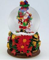 Boules à neige musicales de Noël disponibles sur commande (nous contacter) Boule à neige musicale de Noël animée avec globe en verre et Père Noël avec pile de cadeaux