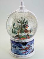 Boules à neige musicales de Noël (en stock) Boule à neige musicale animée de Noël ave globe en verre et scène de train au pied d'un village enneigé