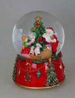 Boules à neige musicales de Noël disponibles sur commande (nous contacter) Boule à neige musicale animée de Noël avec globe en verre et Père Noël et fillette près d'un sapin de Noël
