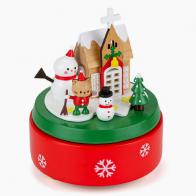 Boîtes à musique animées haut de gamme en bois Boîte à musique animée de Noël en bois "Famille de bonhommes de neige et église" - Santa Claus is coming to town