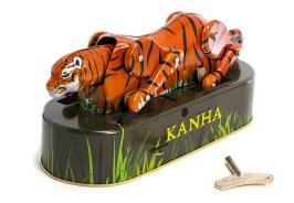 Jouets mécaniques en métal, tôle ou fer blanc Jouet mécanique en métal (fer-blanc: tôle d'acier recouverte d'étain) chromolithographié représentant un tigre