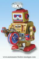 Jouets mécaniques en métal, tôle ou fer blanc Jouet mécanique en métal, tôle et fer blanc : jouet mécanique mini robot avec tambour rouge