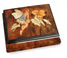 Boîtes à bagues musicales en bois naturel Boîte à bagues musicale : boîte à bagues avec marqueterie fée et fleur