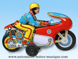 Jouets mécaniques en métal, tôle ou fer blanc Jouet mécanique en métal, tôle et fer blanc : jouet mécanique moto avec personnage