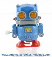 Petits automates mécaniques Automate robot mécanique marcheur : automate robot bleu en résine avec remontoir