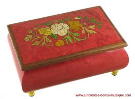 Boîtes à bijoux musicales en bois teinté fabriquées en Italie (18 lames) Boîte à bijoux musicale en bois marqueté : boîte à bijoux teintée rouge avec fleurs