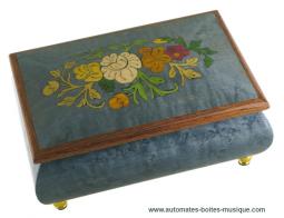 Boîtes à bijoux musicales en bois teinté fabriquées en Italie (18 lames) Boîte à bijoux musicale en bois marqueté : boîte à bijoux teintée gris-bleu avec fleurs