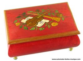 Boîtes à bijoux musicales en bois teinté fabriquées en Italie (18 lames) Boîte à bijoux musicale en bois marqueté : boîte à bijoux rouge avec instruments de musique