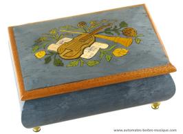 Boîtes à bijoux musicales en bois teinté fabriquées en Italie (18 lames) Boîte à bijoux musicale en bois marqueté : boîte à bijoux gris-bleue avec instruments de musique