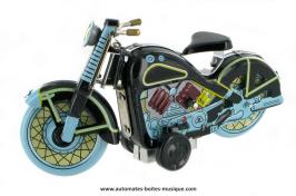 Jouets mécaniques en métal, tôle ou fer blanc Jouet mécanique en métal, tôle et fer blanc : jouet mécanique "Moto bleue et noire"
