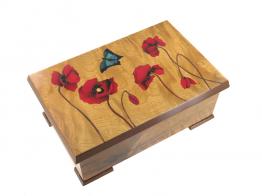 Boîtes à musique traditionnelles fabriquées en France Boîte à musique avec marqueterie traditionnelle : boîte à musique de 18 lames avec coquelicots et papillon