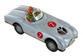 Jouets mécaniques en métal, tôle ou fer blanc Jouet mécanique en métal (tôle ou fer-blanc) - Voiture de course grise avec moteur en mouvement
