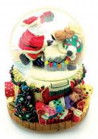 Boules à neige musicales de Noël disponibles sur commande (nous contacter) Boule à neige musicale de Noël : boule à neige avec Père Noël et élan en train de passer par la cheminée