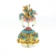 Chevaux de carrousel Cheval musical miniature en polystone : cheval automate musical bleu tournant avec un ours sur son dos
