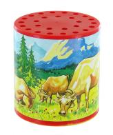 Boîtes à meuh ou boîtes à vache traditionnelles Petite boîte à meuh ou boîte à vache traditionnelle avec étiquette de vaches dans les champs