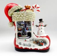 Boîtes à musique animées de Noël Automate musical de Noël : automate musical en forme de botte avec train tournant et bonhomme de neige