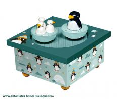 Boîtes à musique avec animaux Boîte à musique animée Trousselier : boîte à musique en bois avec pingouins dansants