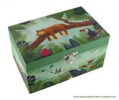 Boîtes à bijoux musicales avec animaux Boîte à bijoux musicale en bois: boîte à bijoux Trousselier avec léopard sur le thème des animaux de la savane