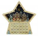 Calendrier musical de l'Avent en bois en forme d'étoile avec lumières et scène supérieure avec Père Noël et traineau