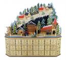 Calendrier musical de l'Avent en bois avec scène supérieure montagnarde avec sapins, maisons et église