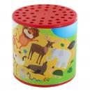 Boîte à meuh "oiseau" ou boîte à cuicui traditionnelle avec cri d'un oiseau et étiquette représentant divers animaux de zoo