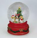 Boule à neige musicale de Noël avec globe en verre, neige et chiens près d'un sapin décoré - Mon beau sapin