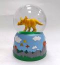 Boule à neige musicale animée avec globe en verre, paillettes et dinosaure (triceratops) -