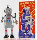Jouet mécanique en métal, tôle et fer blanc : jouet mécanique robot gris