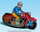 Jouet mécanique en métal, tôle et fer blanc : jouet mécanique moto avec pilote