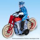 Jouet mécanique en métal, tôle et fer blanc : jouet mécanique policier sur moto