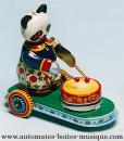 Jouet mécanique en métal, tôle et fer blanc : jouet mécanique panda au tambour